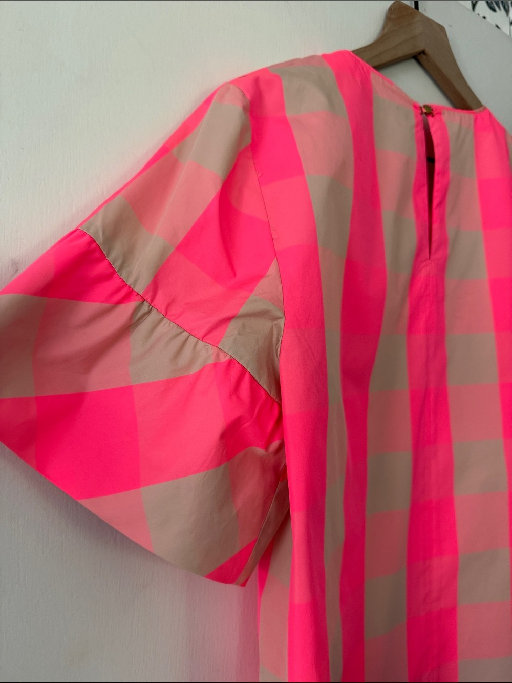 J. Crew Neon Pink and Beige Gingham Puff Sleeve Blouse - Picture 4 of 4